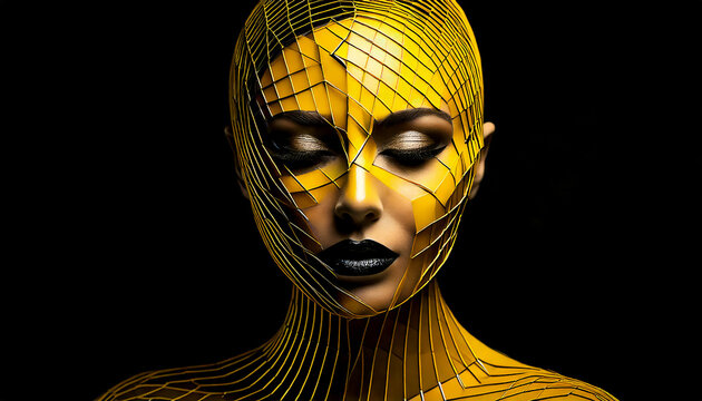 Abstract portrait of a woman made in yellow and black tones in origami style, minimalism
