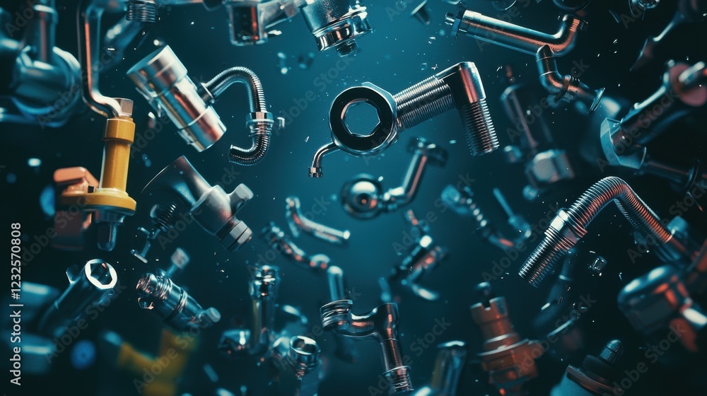 Poster floating assortment of various mechanical parts and tools in 3d