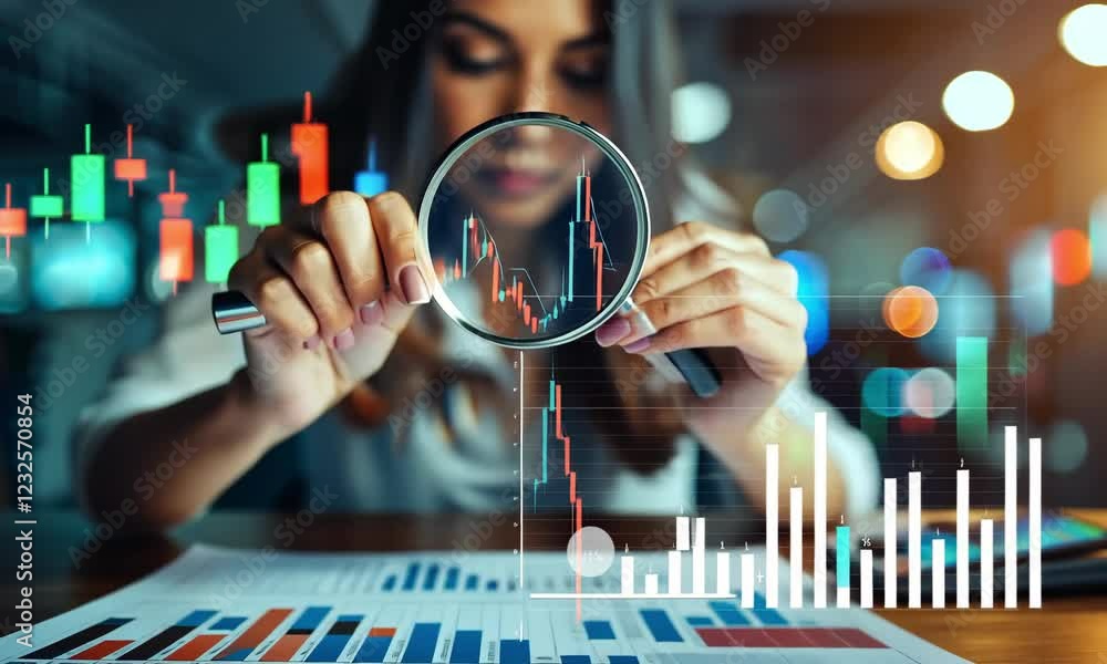 Poster market analysis using a magnifying glass for data interpretation in a financial environment