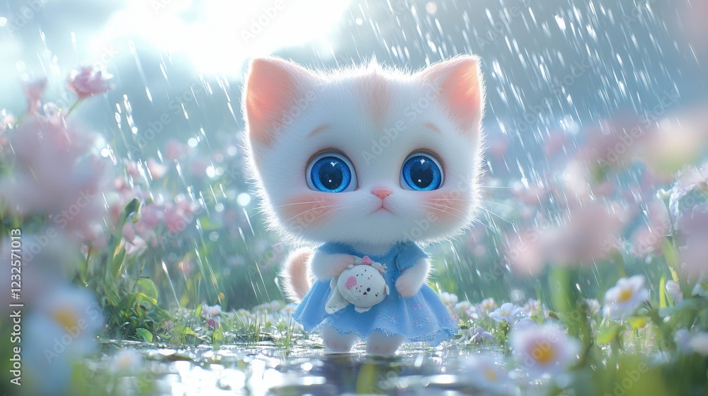 Poster cute kitten stands under rain while holding a small toy in a colorful flower field during a bright s