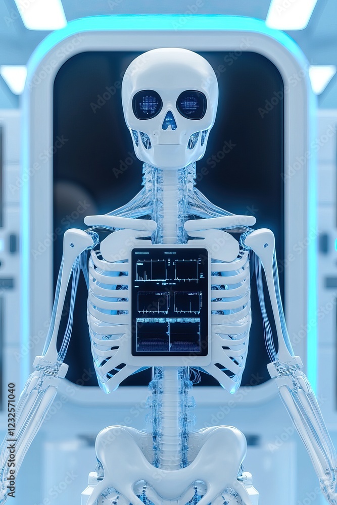 Aufkleber a futuristic skeleton display featuring a transparent frame and digital interface, set against a hig