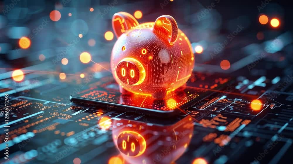 Poster innovative digital piggy bank on futuristic circuit board design representing advanced saving concep