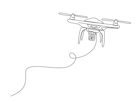 Continuous one line drawing of flying drone design. Drone aircraft in single line draw illustration. Editable stroke.
