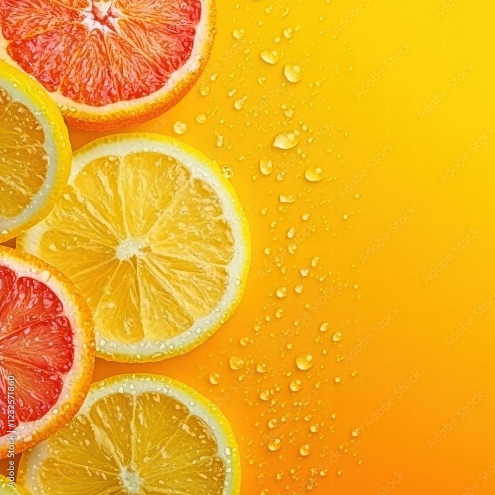 Poster colorful citrus slices with water droplets on vibrant yellow background creating a refreshing and li