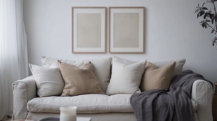Fototapeta premium A cozy living room with two different views of a white couch and framed landscape art.