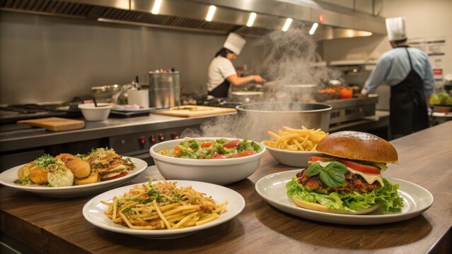 Restaurant kitchen scene with gourmet food ready to serve