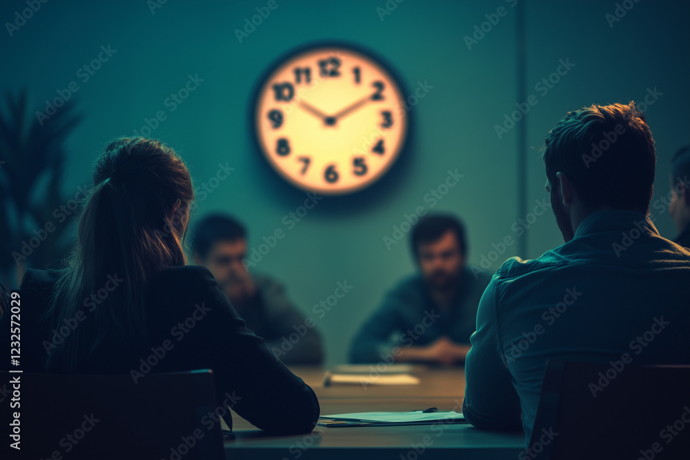 Poster colleagues engaging in a discussion in a conference room with a clock showing the passing time
