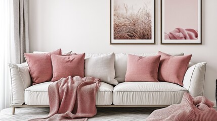 Sofa with pink throw blanket and pillows.