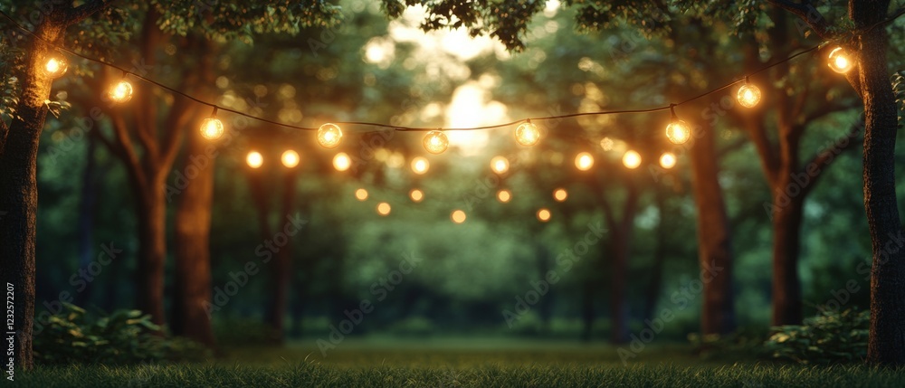 Poster string of decorative lights hanging from a tree branch in a nighttime outdoor setting