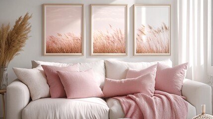 Pampas grass in soft pink hues adds warmth to this cozy, white living room.