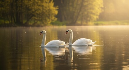 Fototapeta premium Elegant swans gracefully gliding on serene lake at sunrise