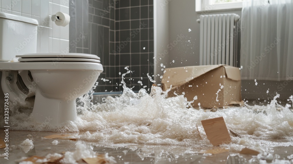 Poster water flooding overflow in bathroom with random objects on floor
