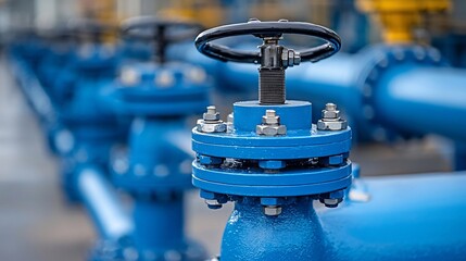 Close-up view of blue industrial valves in a factory setting, showcasing machinery and pipes