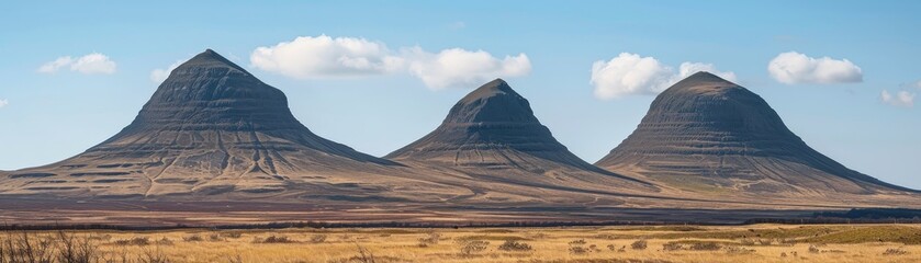 Obraz premium Three distinctive, conical hills rise against a clear blue sky, surrounded by a vast, arid landscape, creating a striking natural scene.