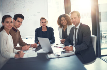 Fototapeta premium Portrait, business and people for meeting in office of finance feedback, planning and investment growth. Staff, laptop and document for sales information, brainstorming and proposal ideas of solution