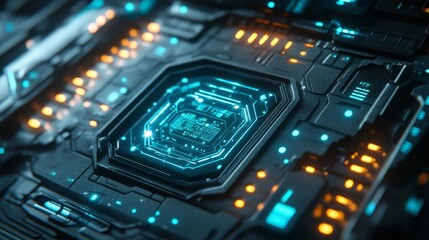 Fototapeta premium Abstract Futuristic Circuit Board with Glowing Blue and Orange Elements
