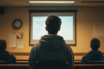Student nervously presenting project in classroom with peers observing in late afternoon light