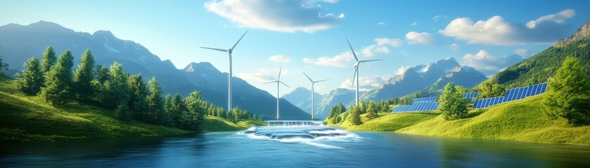 Eco Products and Hydro Energy. Lush landscape with wind turbines, a river, and mountains under a clear blue sky.