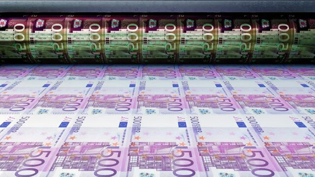 4K loop animation of Euro 500 bank note bill notes printing