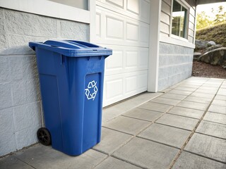 Blue recycling bin, left.  Copy space for design. AI generated.