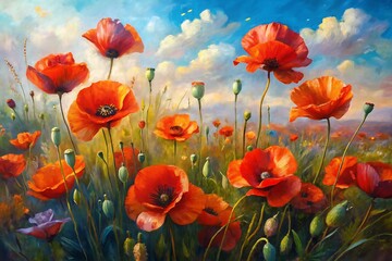 Fototapeta premium Painting of a field of red poppies. Watercolor