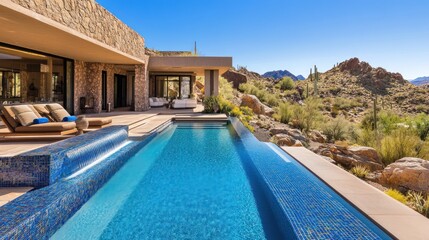 Fototapeta premium Desert luxury home pool, mountain view, relaxation