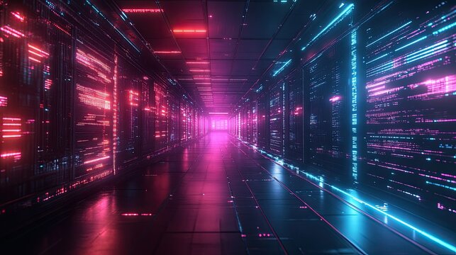 Futuristic cloud computing interface with glowing neon lights, showcasing data storage, processing power, and digital infrastructure in a high-tech, secure environment -