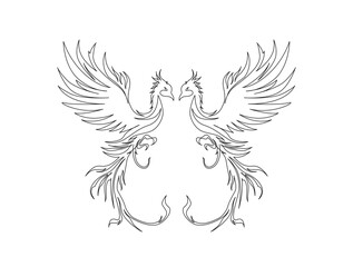 Continuous one line drawing of flying phoenix bird. Flaming phoenix bird in single line draw illustration. Editable stroke.