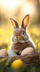 Cute bunny with Easter eggs in a sunny meadow