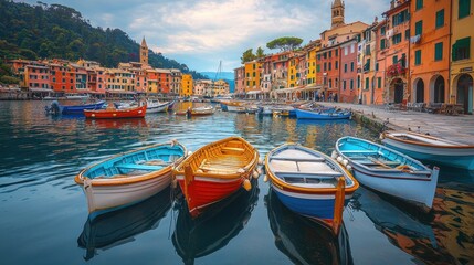 Fototapeta premium Colorful Fishing Boats at Tranquil Harbor in Vibrant Italian Village