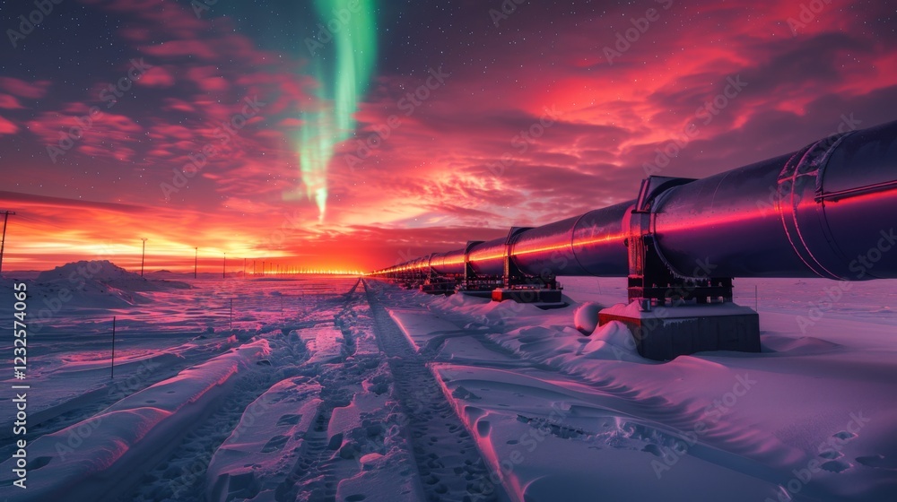 Poster bright streaks of aurora borealis light up the sky, over a frozen terrain where a large oil pipeline