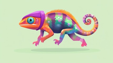 Colorful chameleon running, pastel background, playful illustration, kids book