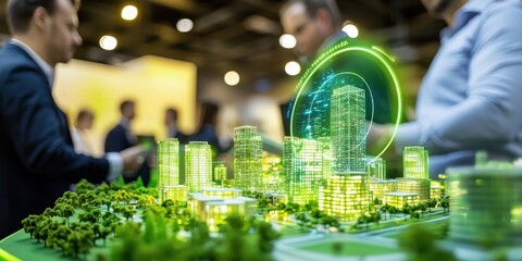 Eco Products and Hydro Energy. A modern city model showcasing sustainable architecture and technology in a vibrant exhibition setting.