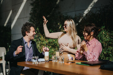 A diverse group of business people enjoys a lively meeting at an outdoor urban setting, fostering collaboration and positive energy.
