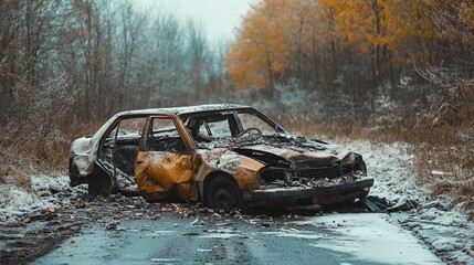 A burnt out car is abandoned on a snowy road.