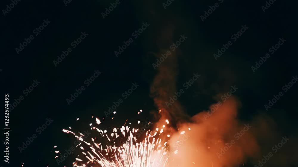 Poster luminous orange sparks cascading from ground based pyrotechnic fountain, generating glowing particle