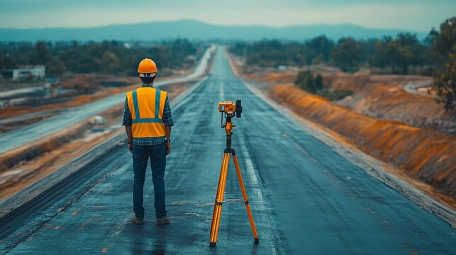 an engineering worker standing on a road with survey equipment.