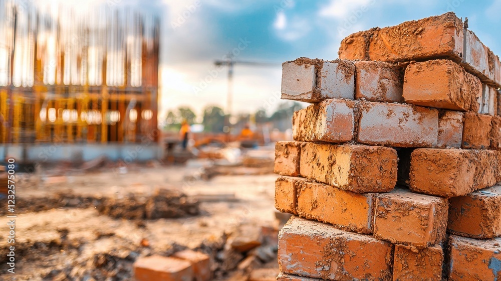 Poster stacked red bricks at construction site with building in background