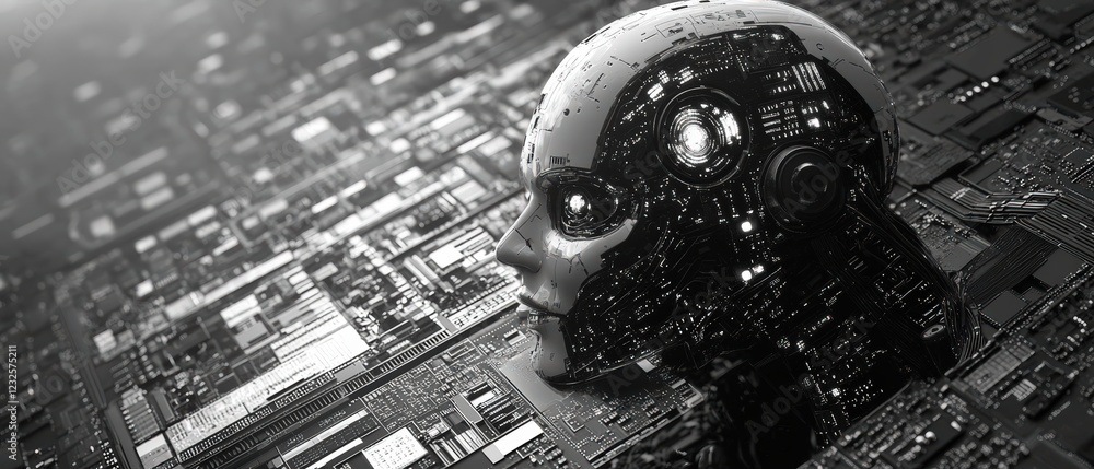 Poster robot head with intricate circuitry background showcasing technology and innovation in artificial in