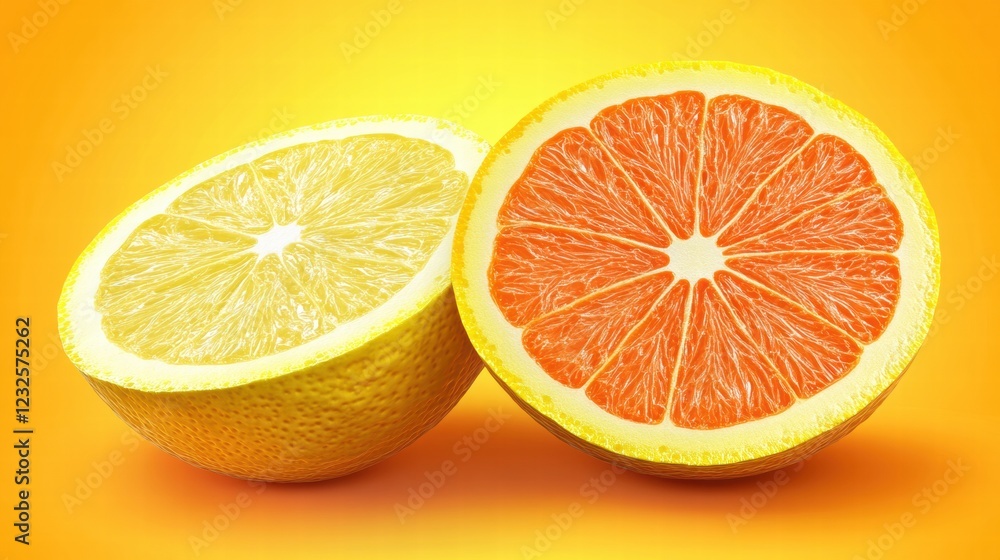 Poster sliced lemon and orange halves on a bright yellow background displaying freshness and vibrant colors