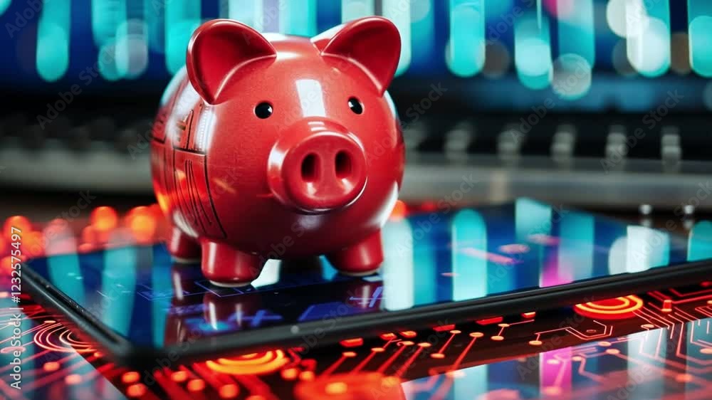 Poster creative technology concept highlighting a piggy bank on a digital tablet background with circuits a