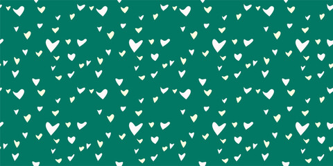 White Heart Seamless Pattern on green Background. Love romantic theme. Pattern hearts with Love for Valentine's Day. Valentines day background. Vector abstract texture with small hearts