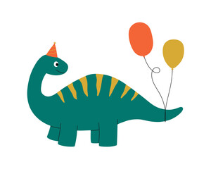 Cute dinosaur character with party hat and balloons. Design element for invitation, greeting card, print, poster. Isolated vector illustration