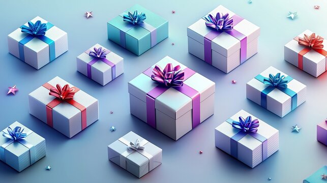 Colorful gift boxes arranged artistically on a soft gradient background ideal for celebrations and special occasions