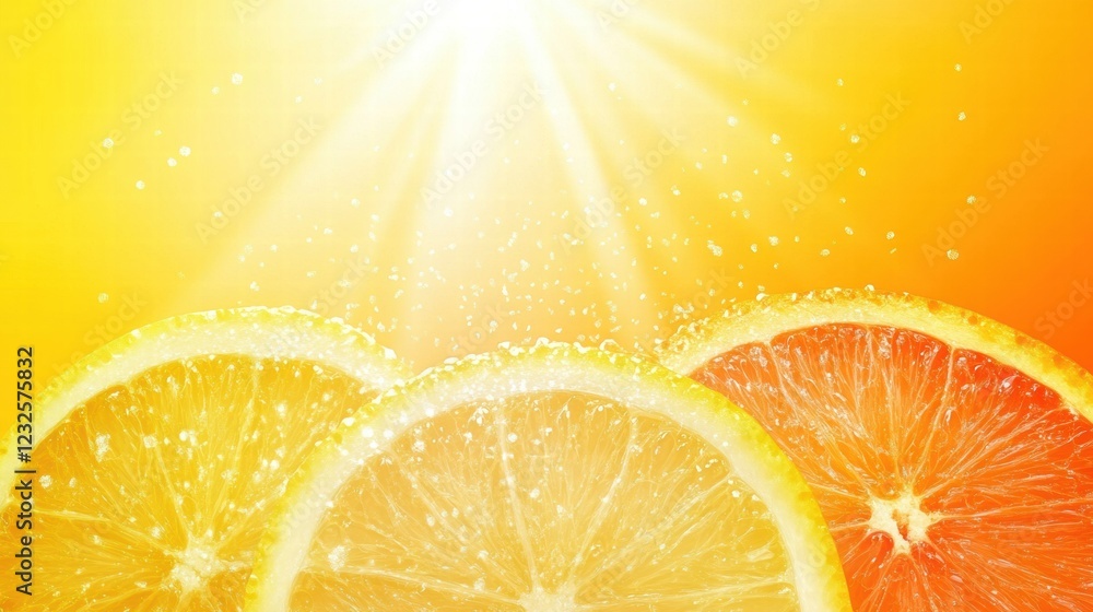 Poster bright citrus slices radiate under sunlight with droplets creating a refreshing atmosphere in warm c