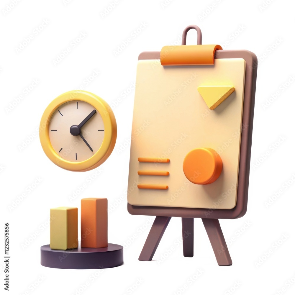 Poster a stylized illustration of a presentation board with geometric shapes, a clock, and bar graphs, symb