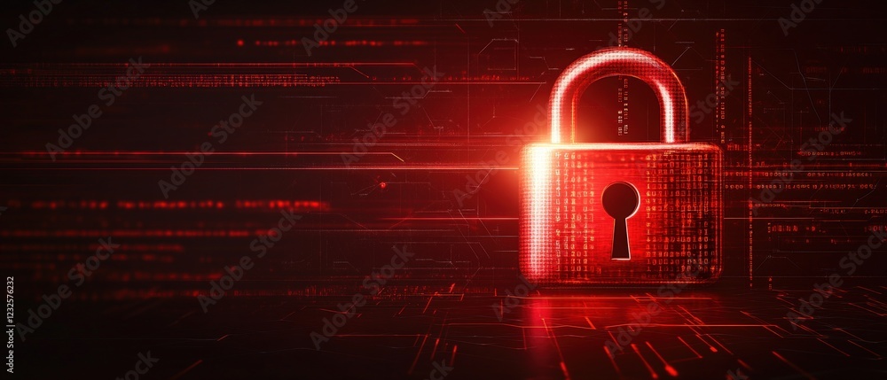 Poster lock on a circuit board with a glowing red light indicating security status and electronic component