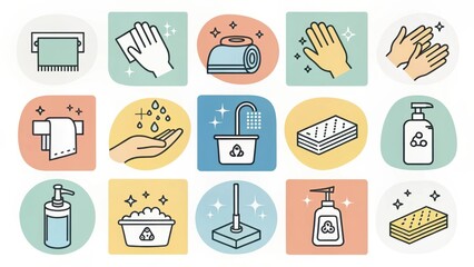 A Collection of Cleaning Icons Depicting Hygiene and Sanitation Practices for a Sparkling Clean Environment