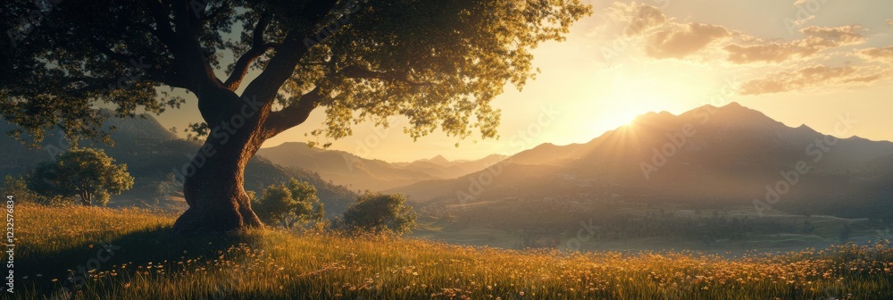Poster sunset view over mountains with a large tree in a peaceful landscape setting. generative ai