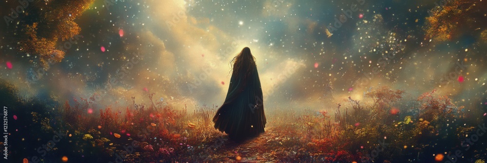 Poster mystical figure walking through a colorful field at twilight under a shimmering sky filled with ligh